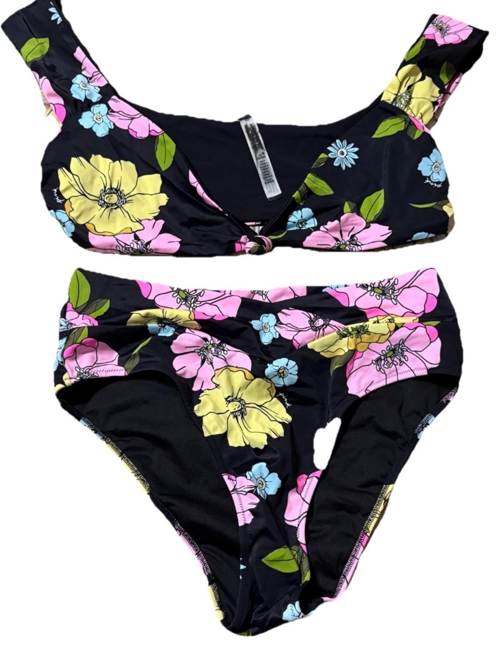 NEW PINK Victorias Secret Black Floral Bikini Set Top Medium Bottoms Large